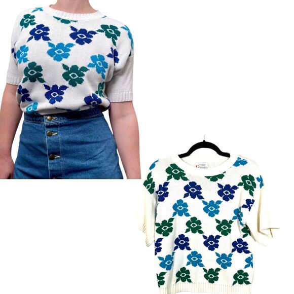 Cristin Stevens Vintage Floral Daisy Short Sleeve Knit Blouse Size Medium - Picture 1 of 7